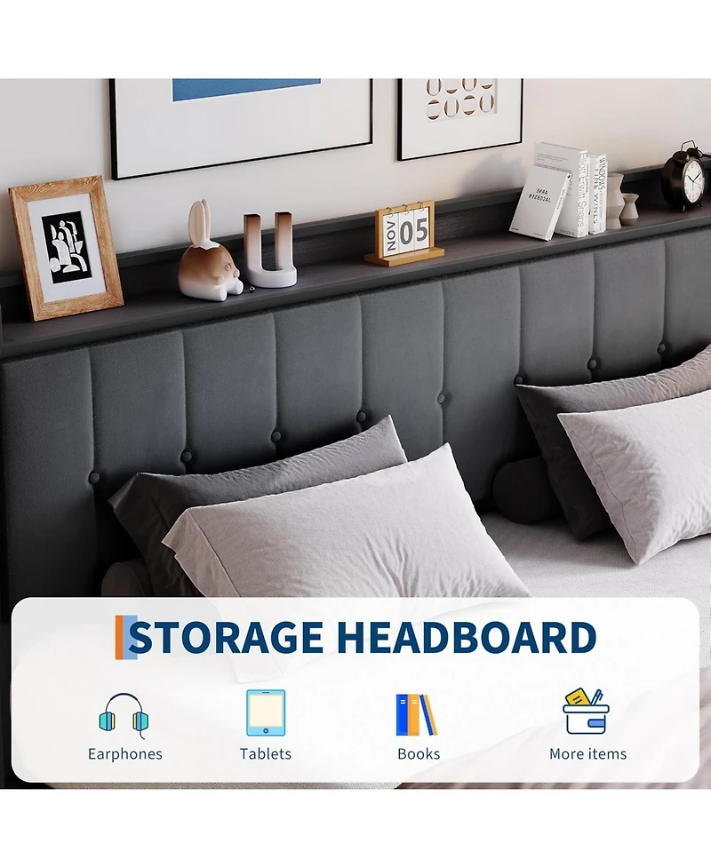 gaomon Bed Frame with Lift Up Storage, Upholstered Velvet Storage Headboard, Metal Platform Bed, Hydraulic Support
