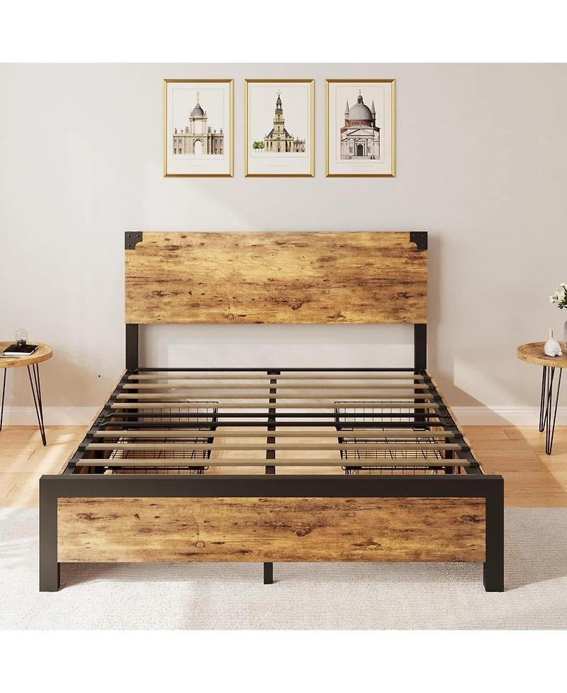gaomon Bed Frame with 4 Storage Drawers, Metal Platform Bed Frame with Wooden Headboard and Footboard, Noise-Free, Easy Assembly
