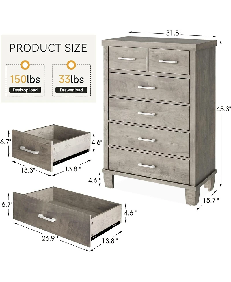 gaomon Dresser for Bedroom with 6 Drawers, Tall Chests of Drawers with Storage, Wooden Dresser for Closet, for Bedroom,Living Room