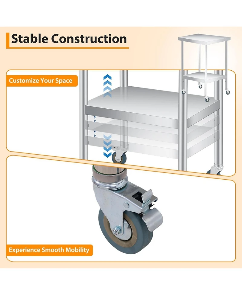 gaomon Heavy-Duty Stainless-Steel Table with 2 Shelves & 4 Wheels, 24x24x35 Inch Utility Cart, Commercial Kitchen Worktable for Food Prep, Restaurant