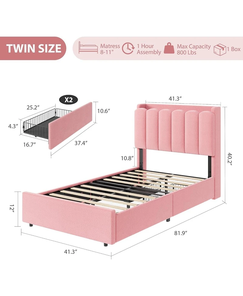 gaomon Led Bed Frame with Storage Headboard, Kids Bed Frame with 2 Drawers, Boucle Upholstered Platform Bed for Girls
