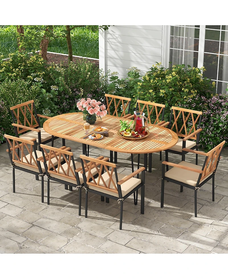 Gymax 9 Pcs Patio Dining Set Table w/ Acacia Wood Top & Umbrella Hole Metal Frame