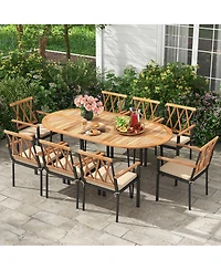 Gymax 9 Pcs Patio Dining Set Table w/ Acacia Wood Top & Umbrella Hole Metal Frame