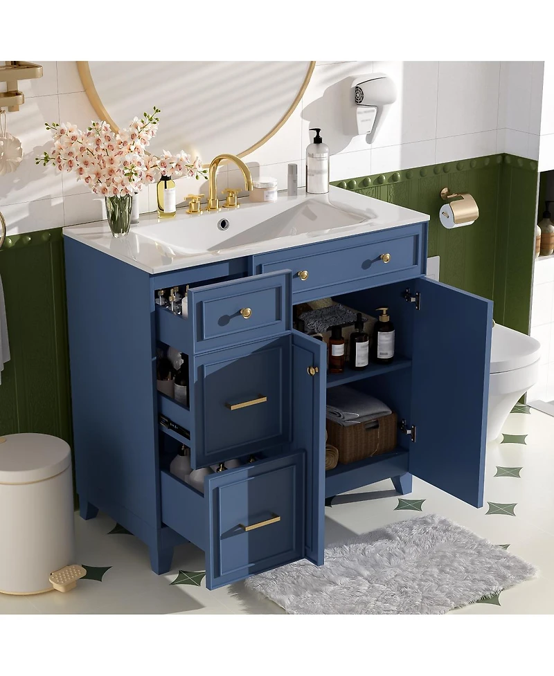 Sillysis 36" Bathroom Vanity with Ceramic Sink, Double-Layer Drawer, Soft Close Doors, Adjustable Shelf, Modern Storage