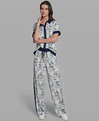 Karl Lagerfeld Paris Womens Short Sleeve Collared Printed Camp Shirt Mid Rise Wide Leg Printed Pants