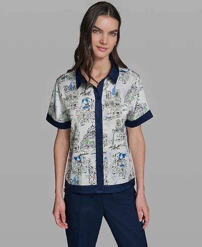 Karl Lagerfeld Paris Women's Short-Sleeve Collared Printed Camp Shirt