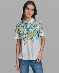 Karl Lagerfeld Paris Womens Short Sleeve Multi Floral Poplin Shirt