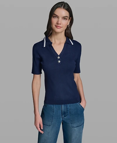 Karl Lagerfeld Paris Women's Short-Sleeve Collared Sweater