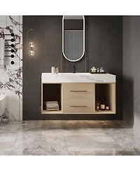 Sillysis Floating Bathroom Vanity with Ceramic Sink, Sintered Stone Top, 2 Soft Close Drawers, Wall Mounted Modern Cabinet