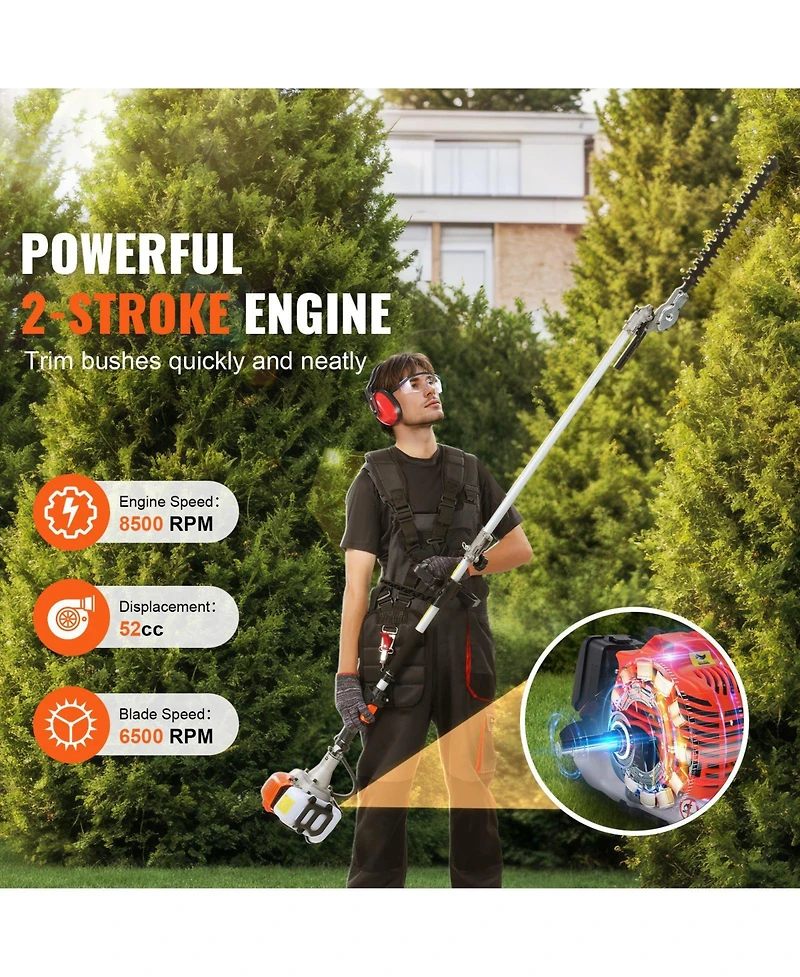 Mecale 52CC 6-in-1 Gas Trimming Tool Set, Hedge Trimmer, String Trimmer, Brush Cutter, Edger, Pole Saw, Chainsaw Pruner, Extension Pole