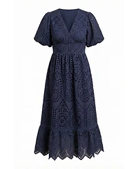 Modenaire Women's Puff-Sleeve Eyelet Smocked-Waist Midi Dress