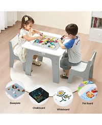 Mecale 4-in-1 Kids Activity Table & 2 Chairs Set, Double-Sided Graffiti/Blocks Top w/ Storage, Ages 3+