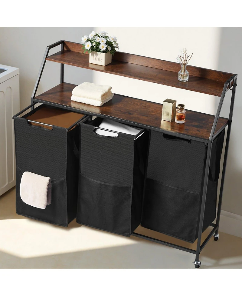 Ecooso 2-Tier Laundry Sorter, 3-Section Rolling Hamper with Wood Top, Ladder Shelves, Metal Frame, 600D Oxford Cloth Bags