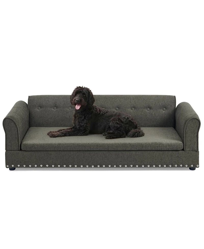 Aostirmotor Oversized Pet Sofa, Modern Linen Fabric Elevated Dog Bed with Backrest & Armrest for Large Dogs