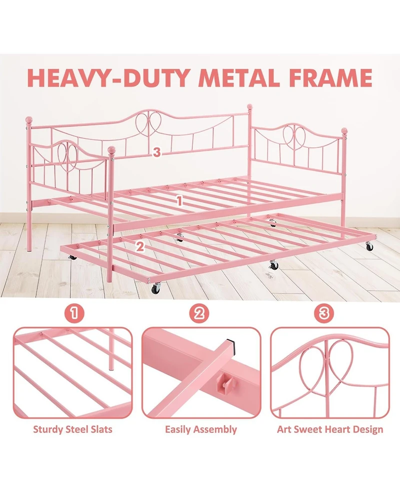 gaomon Twin Daybed with Trundle, Twin Daybed and Pull Out Trundle Set, Metal Sofa Bed Frame with Steel Slat Support, Space-Saving Sleeper Sofa