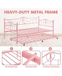gaomon Twin Daybed with Trundle, Twin Daybed and Pull Out Trundle Set, Metal Sofa Bed Frame with Steel Slat Support, Space-Saving Sleeper Sofa