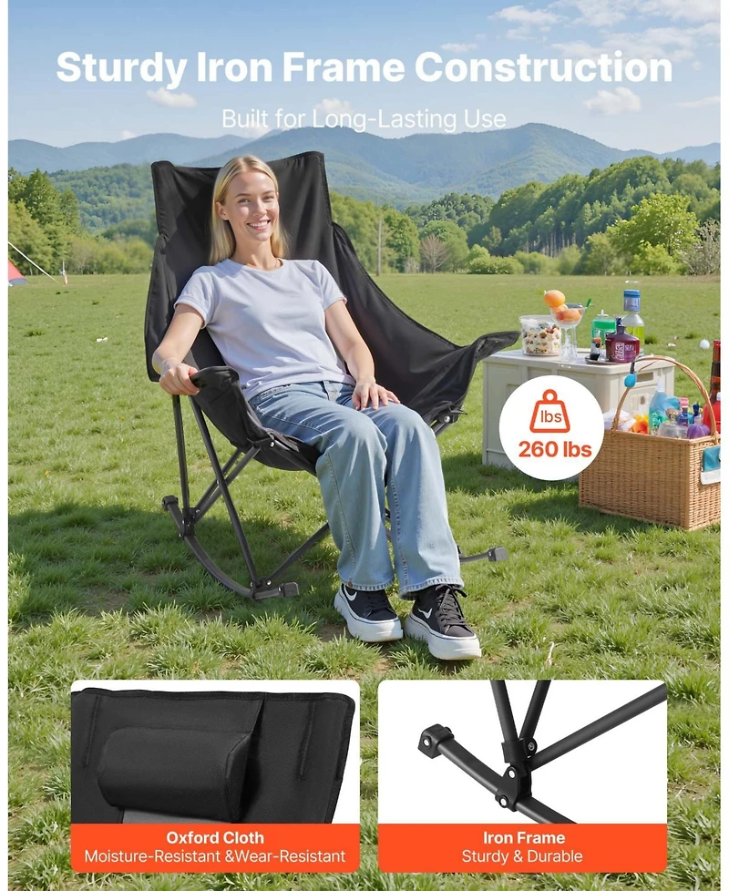 Mecale Rocking Camping Chair, Folding Padded Rocker with Cupholder & Pocket, 225 lb Capacity, Portable Outdoor Chair