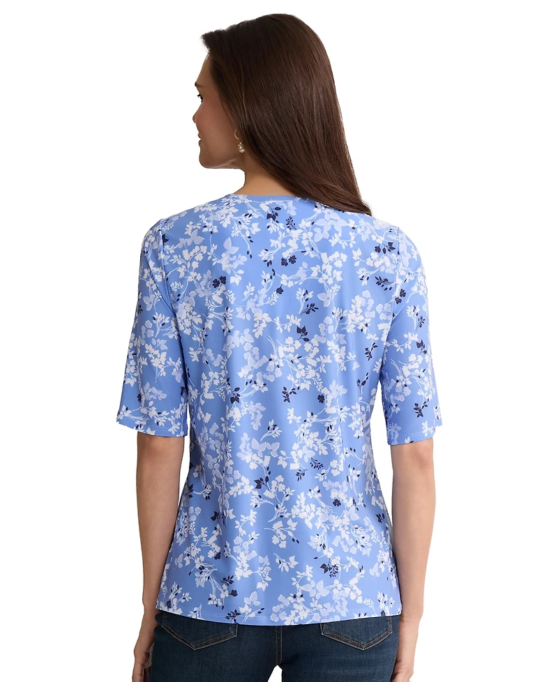 Jones New York Petite Elbow Double Keyhole Neck Printed Jersey Top