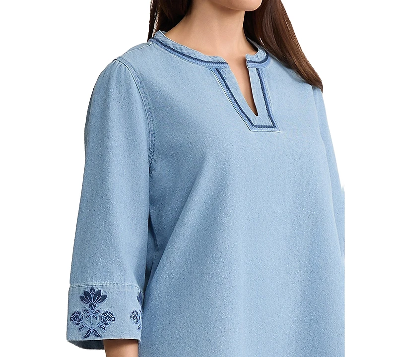 Jones New York Petite V-Neck Embroidered Blouse