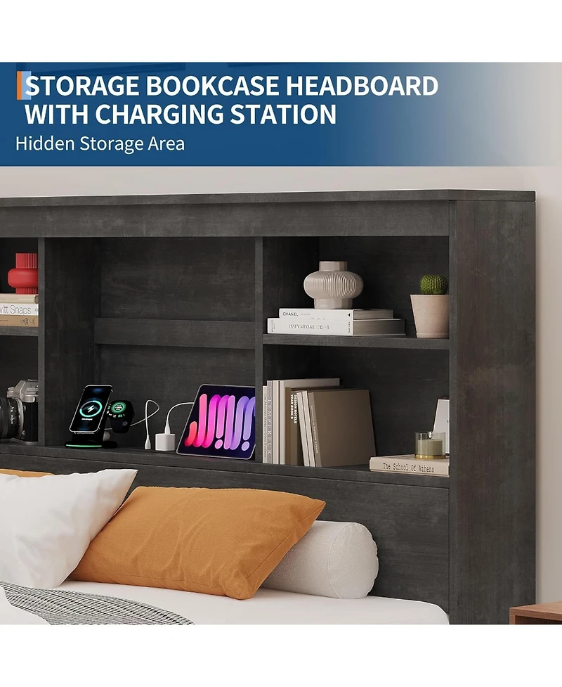 gaomon Bed Frame with Storage Headboard, Wooden Bed Frame with Charging Station, Storage Bookcase & Platform Bed with 4 Drawers