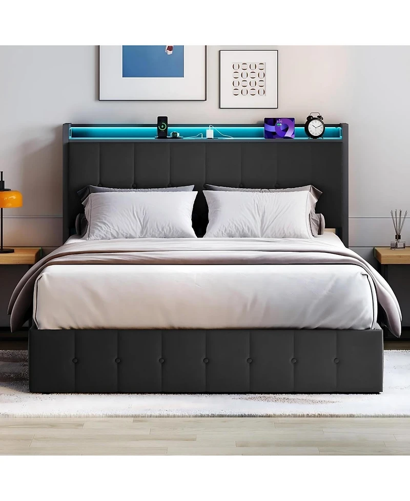 gaomon Bed Frame with Lift Up Storage, Upholstered Velvet Led Lights & Power Outlets, Hydraulic Support