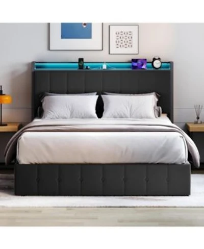Gaomon Bed Frame With Lift Up Storage Upholstered Velvet Bed With Led Lights Power Outlets Hydraulic Support No Box Spring Needed