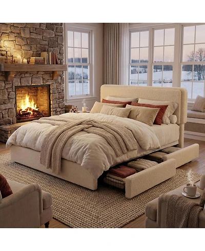 gaomon Teddy Fleece Bed Frame, Bed Frame with 2 Storage Drawer and Adjustable Headboard, Soft Teddy Fabric, Easy Assembly