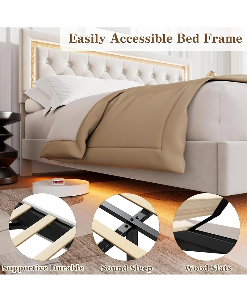gaomon Floating Bed Frame with Smart Led Lights, Upholstered Platform Diamond Headboard, Solid Wood Slats Support