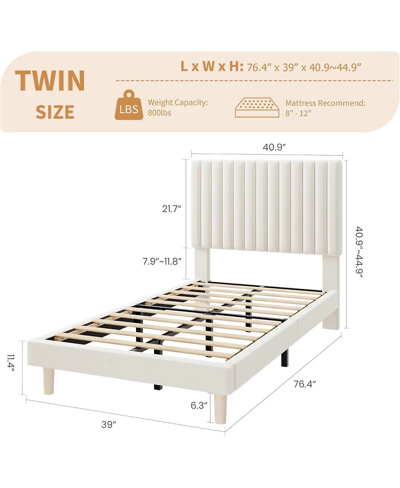 gaomon Bed Frame with Adjustable Headboard, Velvet Upholstered Platform Frame, Vertical Channel Tufted