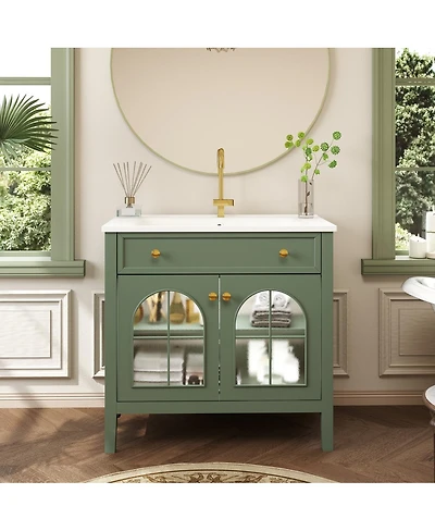 Sillysis 36" Bathroom Vanity with Sink, Medieval Glass Doors, Motion Lighting, Flip Drawer & Adjustable Storage for Modern Bathrooms