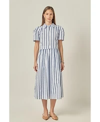 English Factory Women's Striped Pleated Shoulder Shirt Midi Dress