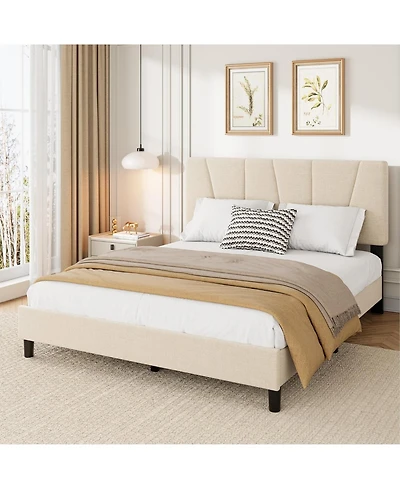 gaomon Platform Bed Frame for Kids, Linen Upholstered Headboard & Wooden Slats Support, Noise-Free Mattress Foundation/No Box Spring Needed