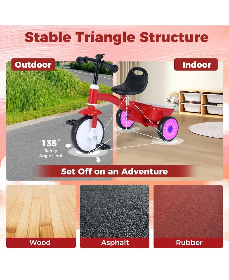 Mecale Toddler Tricycle with Glowing Wheels and 4-Level Adjustable Seat