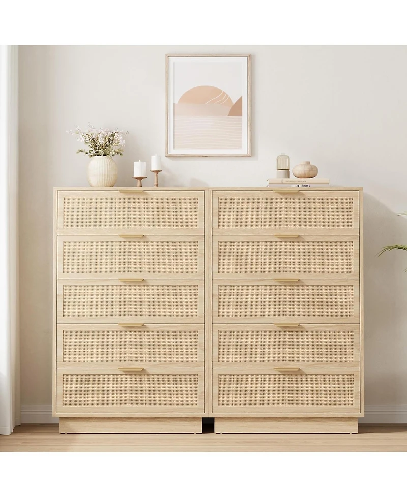 gaomon 5 Drawer Rattan Dresser for Bedroom, Integrated Cabinet Body & Legs Design Entryways and Closet, Easy Assembly