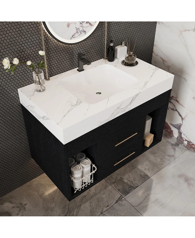 Sillysis 29.9" Floating Bathroom Vanity with Ceramic Sink, Sintered Stone Top, 2 Soft Close Drawers
