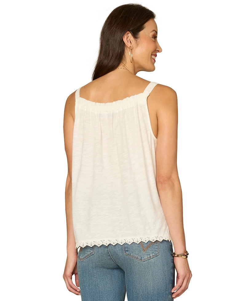 Democracy Petite Square Neck Embroidered Front Tank Top