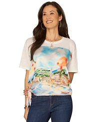 Democracy Petite Elbow-Sleeve Crewneck Printed Top