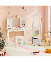 Gymax Kids Vanity Set Princess Makeup Dressing Table & Chair Set with Jewelry Armoire