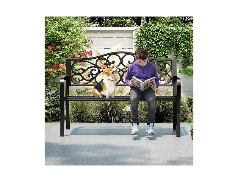 Slickblue 50 Inch Cast Iron Patio Bench with Floral Design Backrest