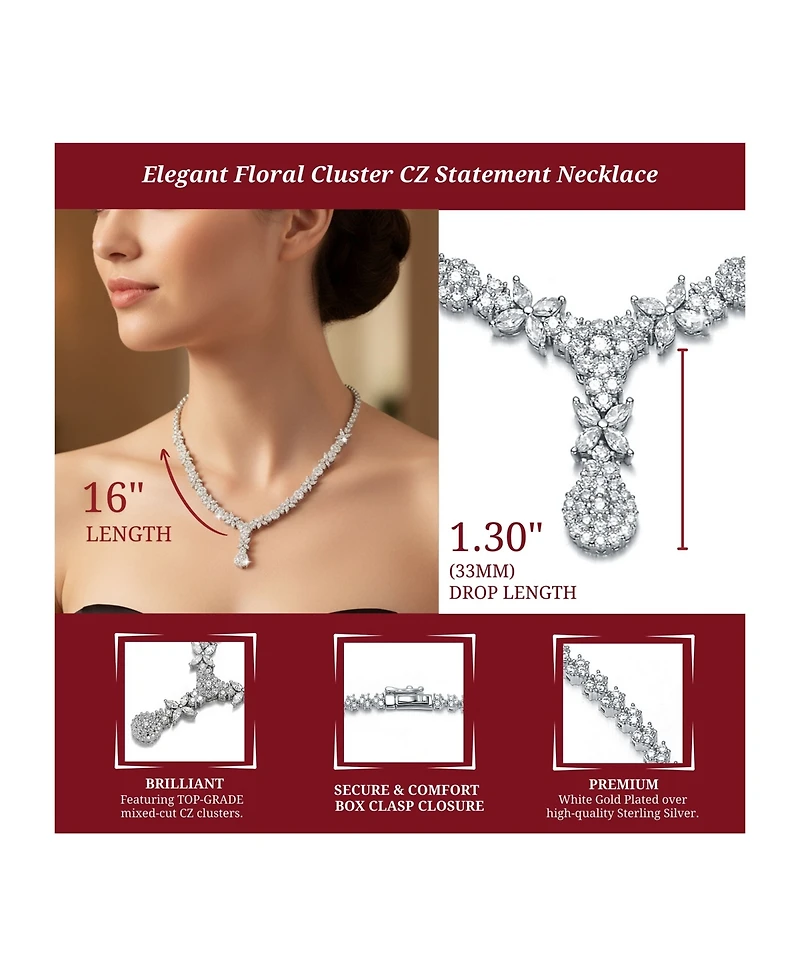 Genevive Chic Sterling Silver White Gold Plated Cubic Zirconia Drop Necklace