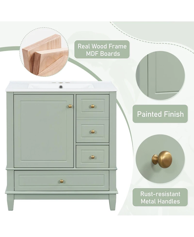Sillysis 30" Solid Wood & Mdf Vanity Ceramic Sink Soft Close Storage Bathroom Vanity