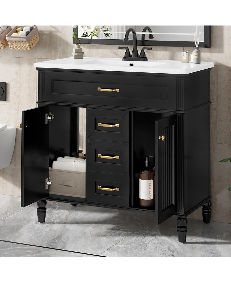 Sillysis 36" Bathroom Vanity with Ceramic Sink, Flip-Out Drawer, Soft Close Doors & Storage Drawers for Modern Bathrooms