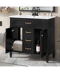 Sillysis 36" Bathroom Vanity with Ceramic Sink, Flip-Out Drawer, Soft Close Doors & Storage Drawers for Modern Bathrooms