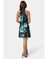 Bebe Women's Printed Satin Mock Neck Dress with Bow Back