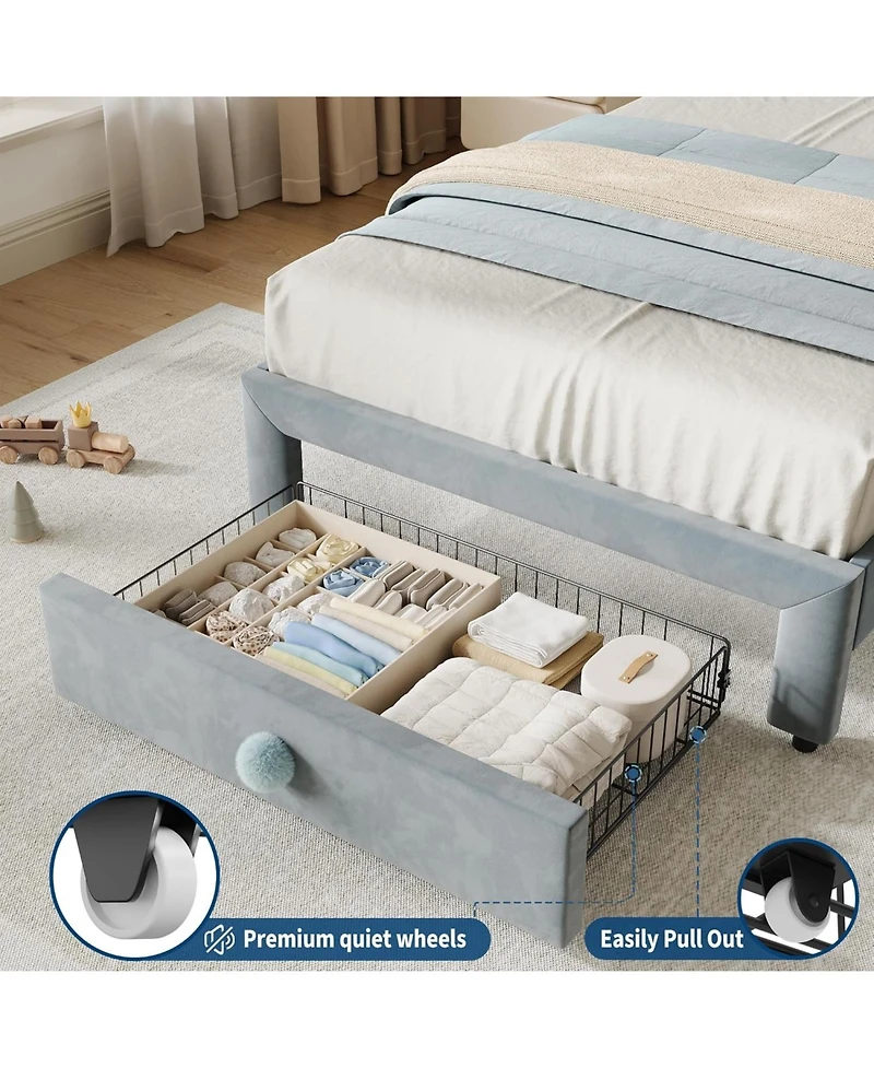 gaomon Upholstered Twin Bed Frame with Storage Drawer & Scallop Headboard, Princess Platform Frames