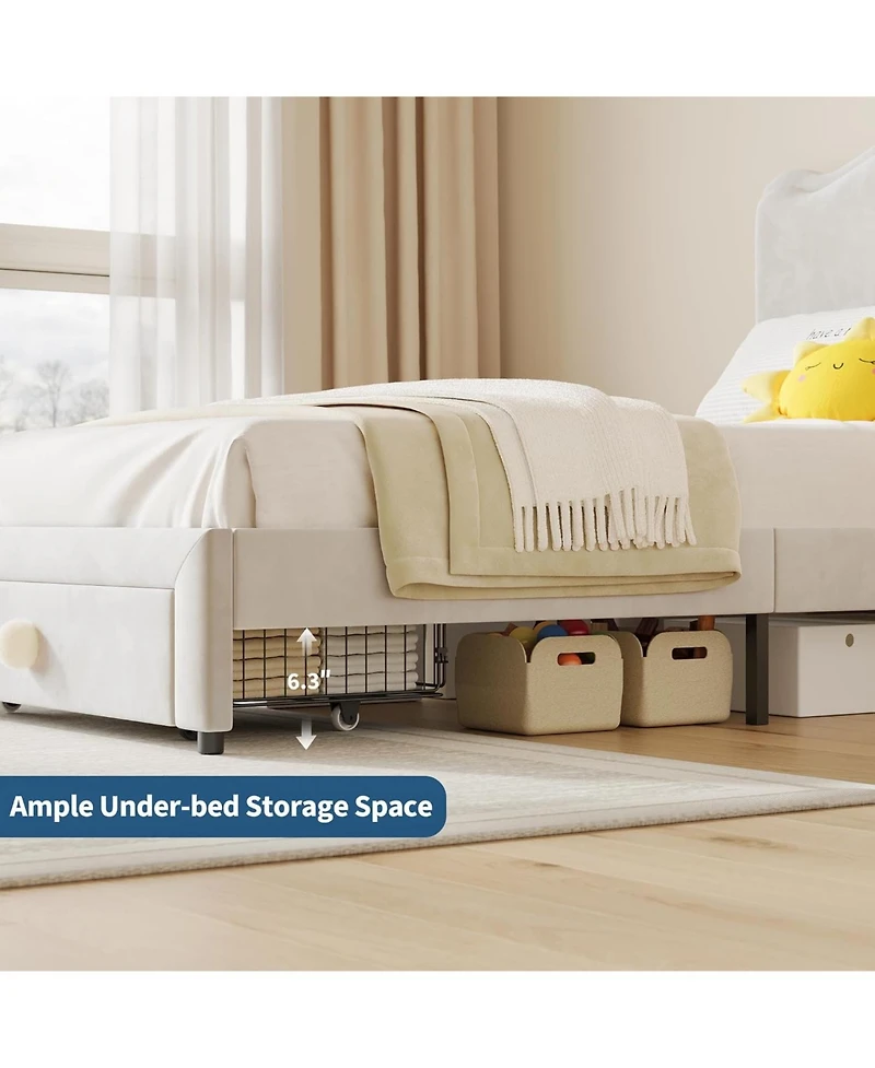 gaomon Upholstered Twin Bed Frame with Storage Drawer & Scallop Headboard, Princess Platform Frames