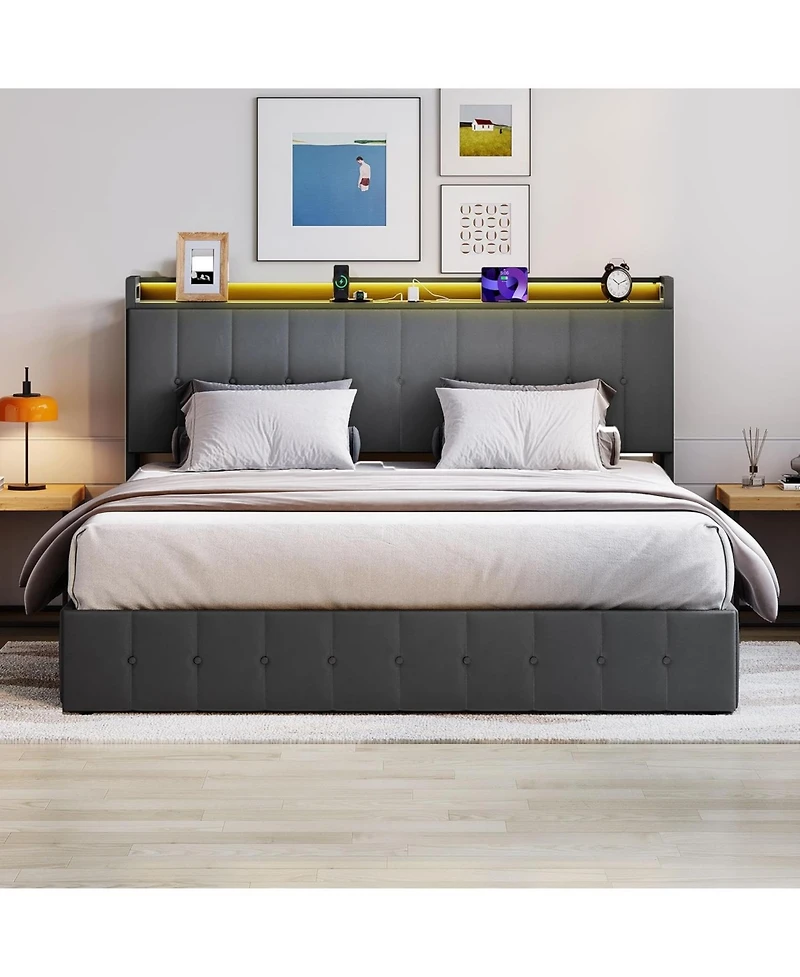 gaomon Bed Frame with Lift Up Storage, Upholstered Velvet Led Lights & Power Outlets, Hydraulic Support