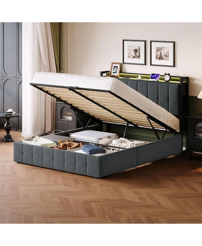 gaomon Bed Frame with Lift Up Storage, Upholstered Velvet Led Lights & Power Outlets, Hydraulic Support