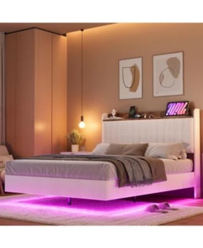 Gaomon Floating Bed Frame With Led Lights Charging Station Upholstered Platform Bed With Storage Headboard Wood Slats Support Easy To Assemble