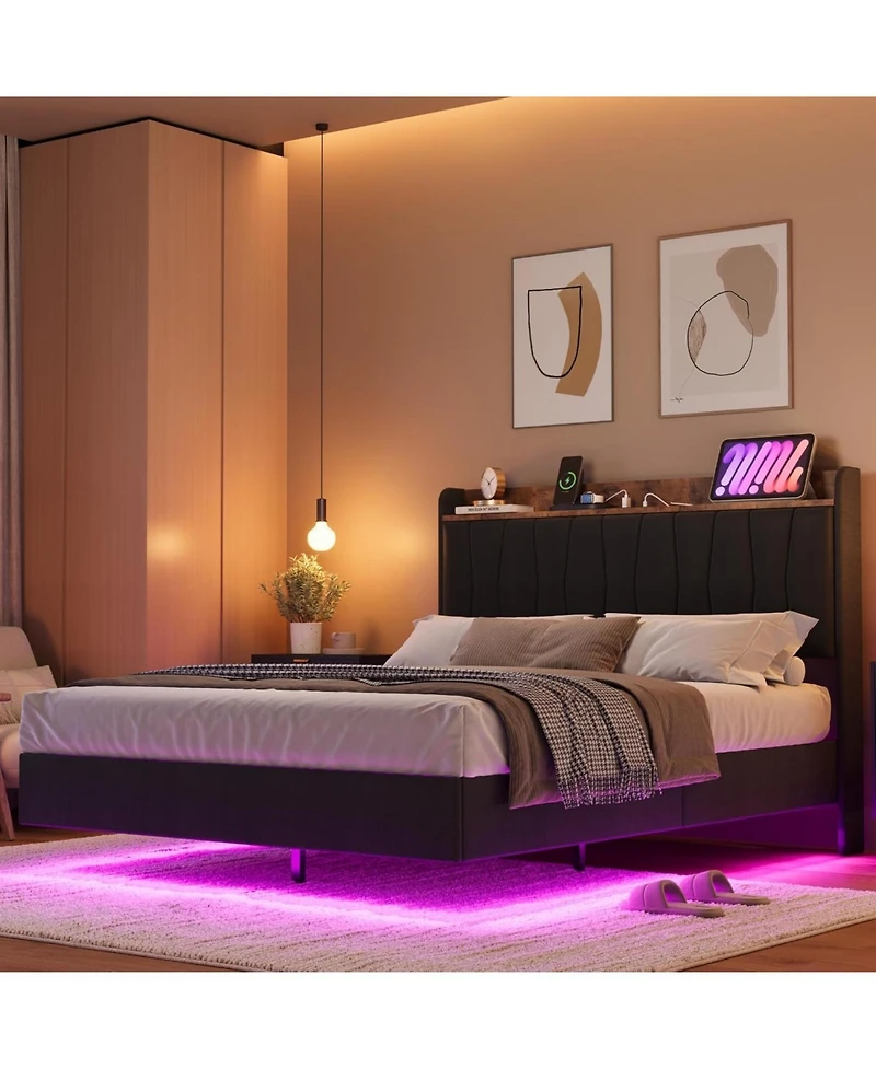 gaomon Floating Bed Frame with Led Lights & Charging Station Upholstered Platform Storage Headboard Wood Slats Support Easy to Assemble
